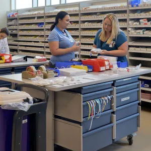 Pharmacists working in a hospital pharmacy.