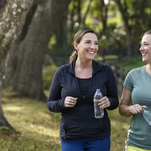 Two women walking outdoors