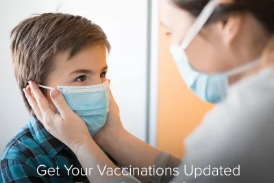 Social Media Graphic Available for Download of Mother and Son reminding about vaccines for back to school time