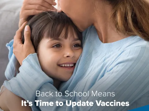 Social Media Graphic Available for Download of Mother and Son reminding about vaccines for back to school time
