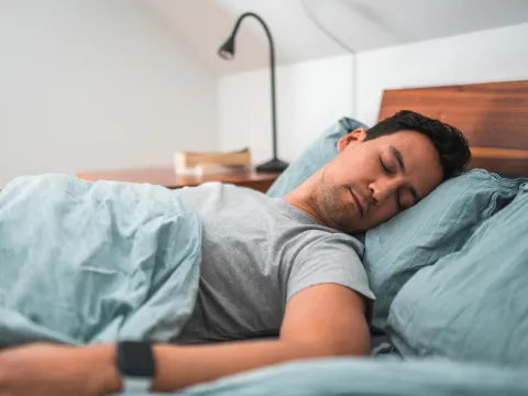A Man Sleeps in His Bed at Home