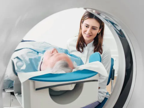 A man prepares for an MRI.