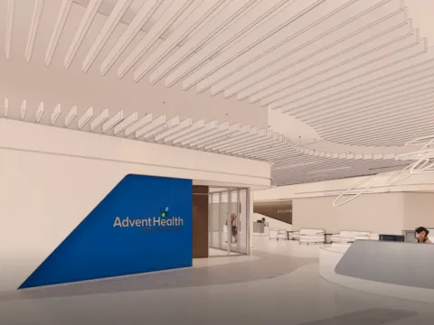 AdventHealth blue wall in lobby rendering of New Tampa Care Pavilion