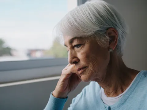 Older woman looking contemplative by a window indoors.