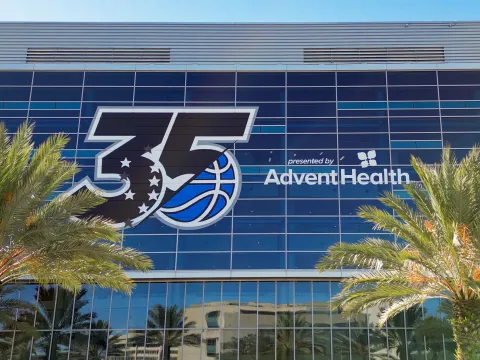 Orlando Magic 35th Anniversary presented by AdventHealth sign on the outside of the Kia Center in Orlando, Florida.