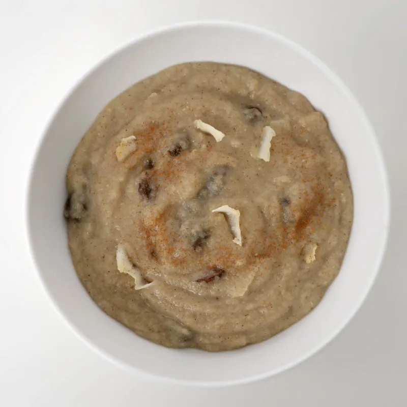 a bowl of hot cooked breakfast cereal mixed with raisins and shredded coconut