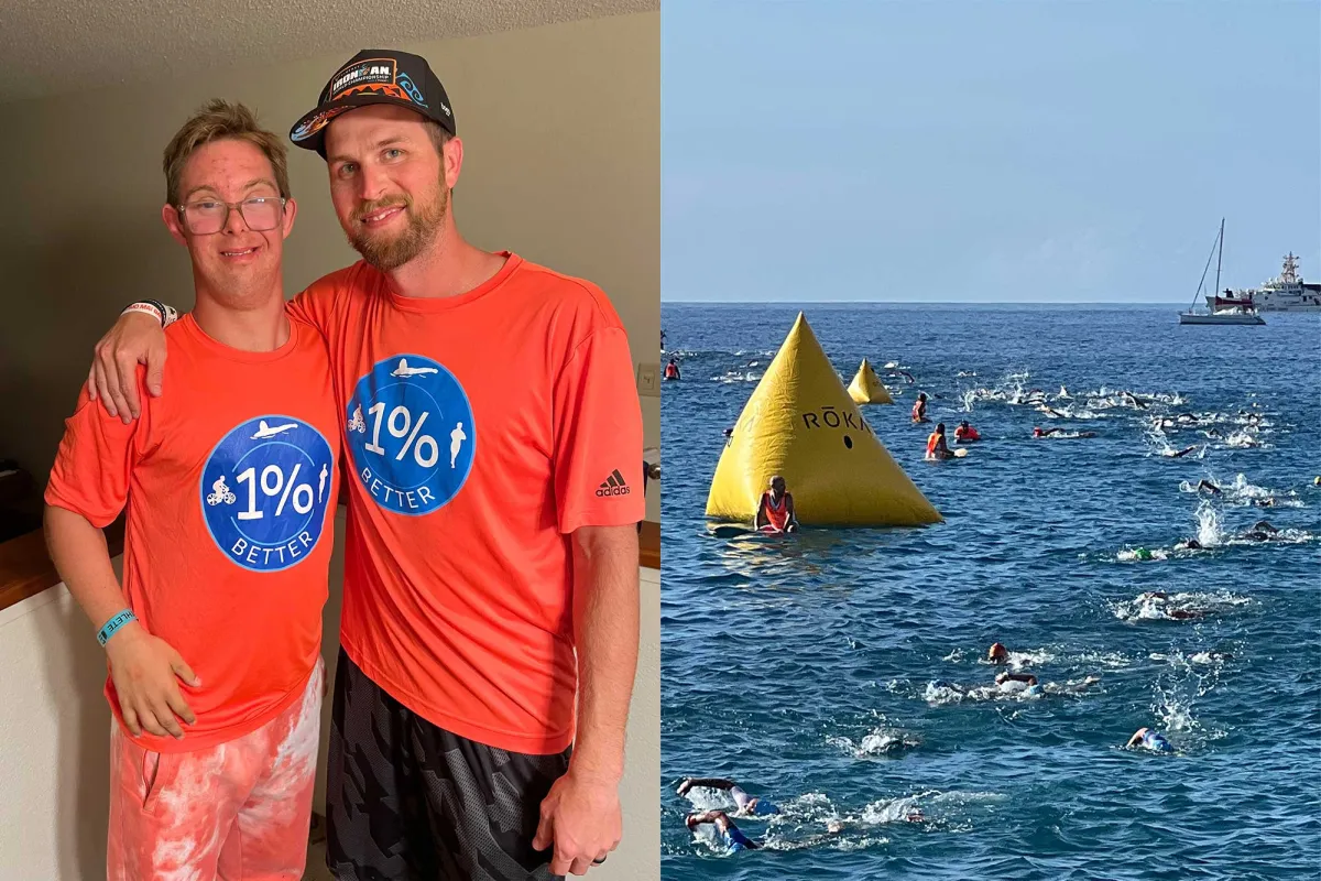 Trevor Hicks and Chris Nikic before and during the 2.4-mile swim in Kailua Bay.
