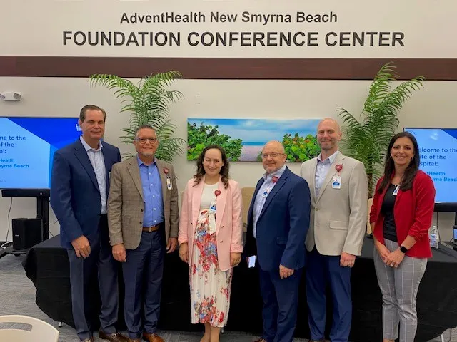 AdventHealth New Smyrna Beach recently held the annual State of the Hospital event, highlighting the hospital's medical advancements and community impact. From left to right: David Goldman, DO, chief medical officer; Dennis Hernandez, MD, chief executive officer; Khelsea Bauer, chief operating officer; Kenneth zill, chief financial officer; Travis Williams, director, Human Resources; and Carla Johnson, MSN, RN, executive director of Nursing and Clinical Operations.