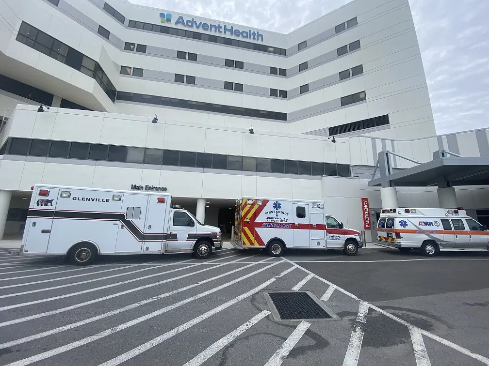 ambulances line up at AdventHealth North Pinellas